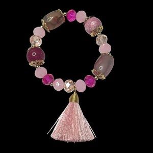 Natural Stone Beaded Bracelet Pink‎ Tassel Charm Stretch Bracelet Jewelry Women